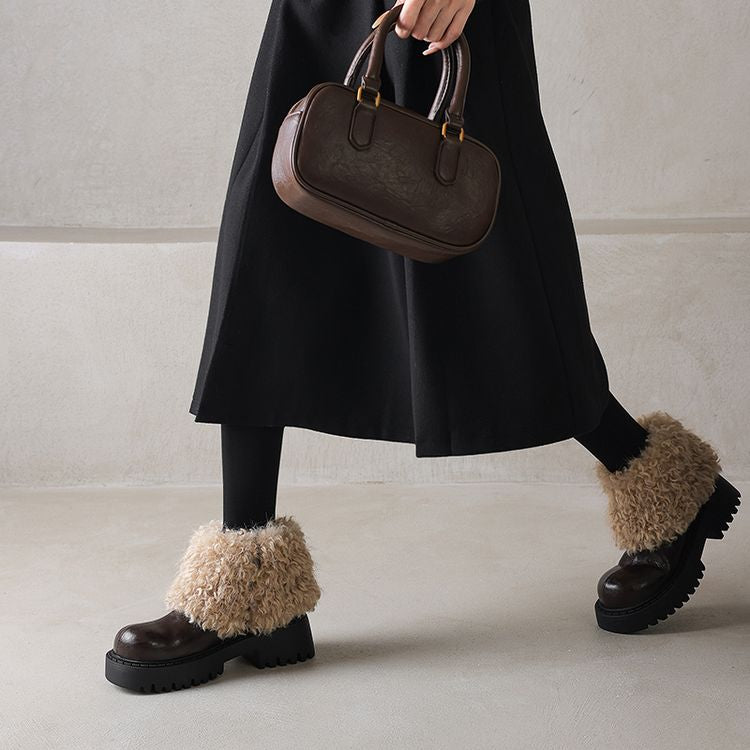 Chunky Shoes with High Fur Collar - Brown