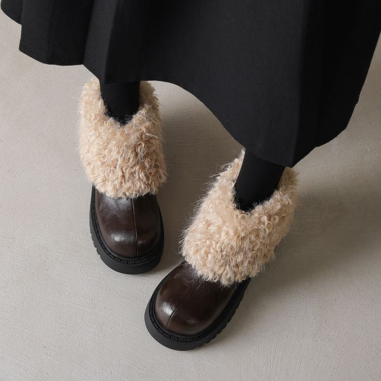 Chunky Shoes with High Fur Collar - Brown