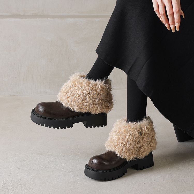 Chunky Shoes with High Fur Collar - Brown