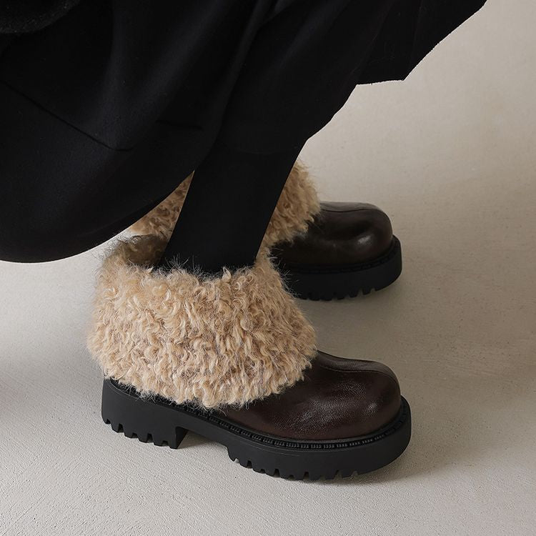 Chunky Shoes with High Fur Collar - Brown