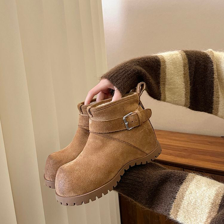 Belt Buckle Snow Boots - Brown