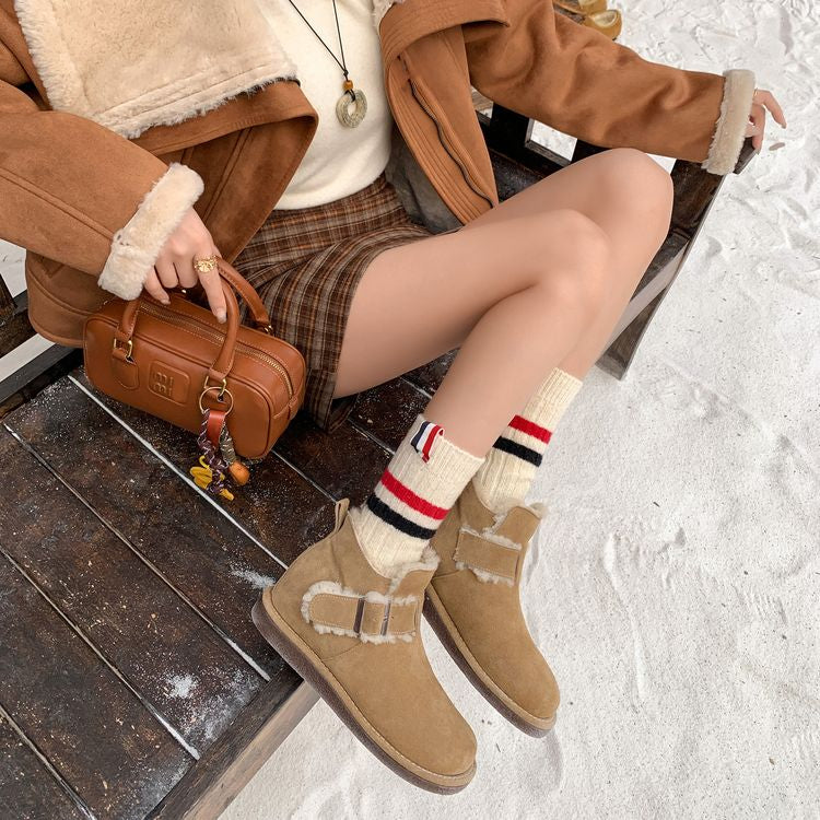 Suede Winter Boots with Strap - Brown