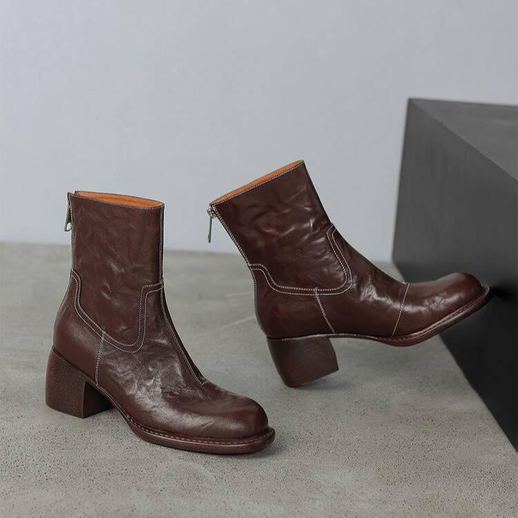 Elegance Heeled Leather Boots - Brown