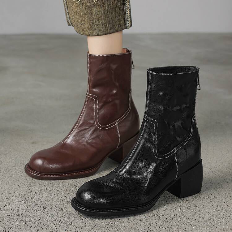 Elegance Heeled Leather Boots - Brown