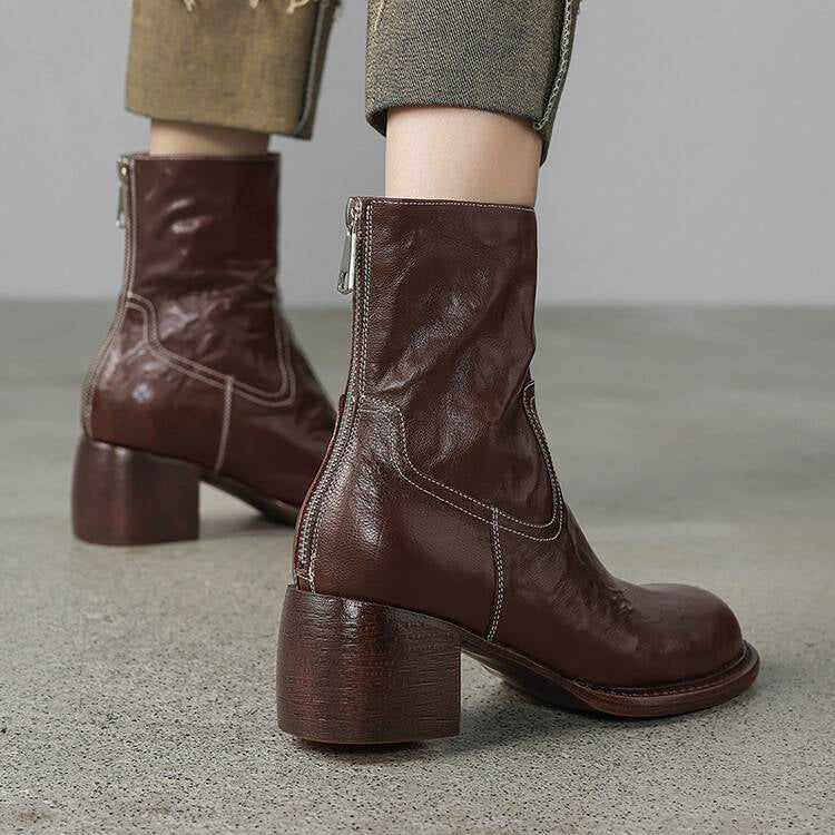 Elegance Heeled Leather Boots - Brown