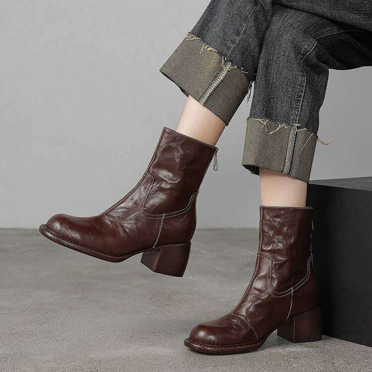 Elegance Heeled Leather Boots - Brown